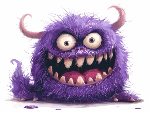 A purple monster with big teeth and a big smile. The monster is looking at the camera and he is happy