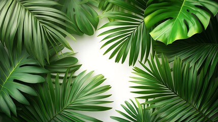 Tropical frame with exotic jungle plants, palm leaves, white background