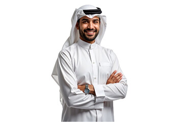 Smiling Arab Man in Traditional White Thobe, Studio Portrait Isolated on Transparent White Background