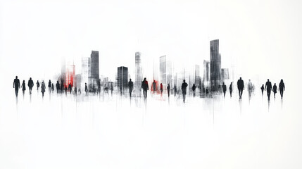 Naklejka premium Silhouettes of people walking in front of a city skyline.