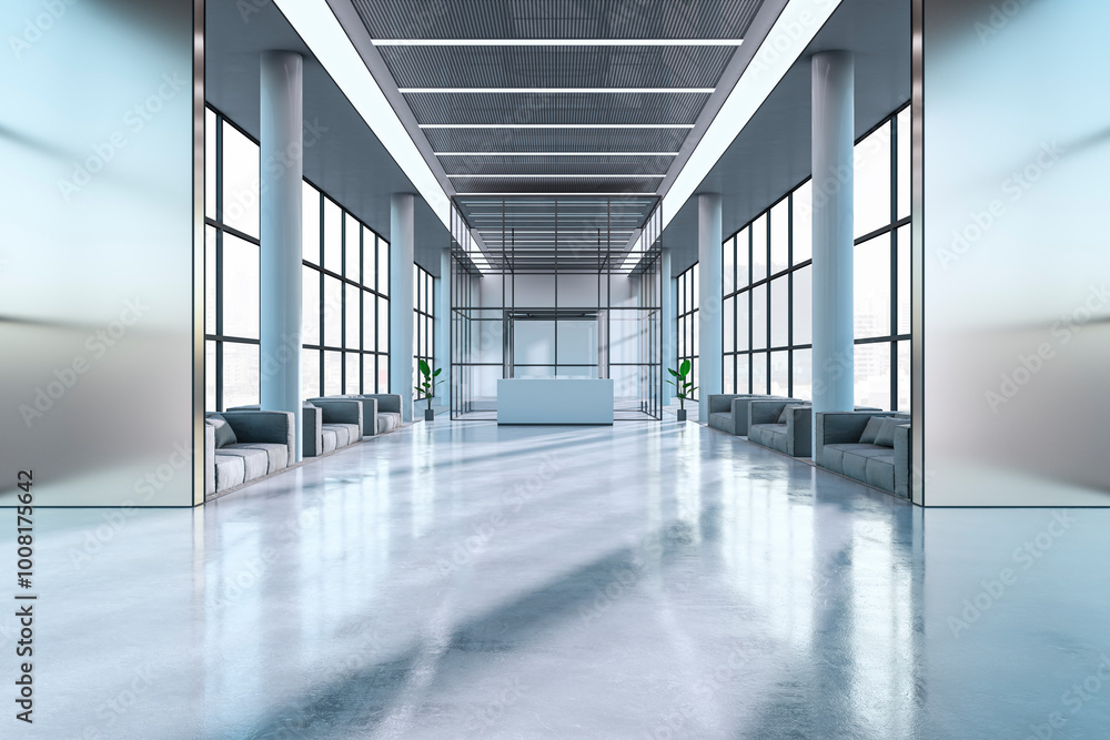 Poster modern spacious office corridor with reception desk, panoramic windows with city view, daylight and 
