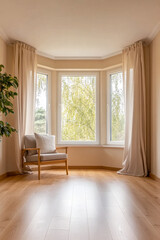 Fototapeta premium Cozy corner featuring a chair and large windows with natural light in a serene indoor setting
