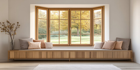 Cozy living room nook with large windows overlooking a serene autumn landscape © JuanM