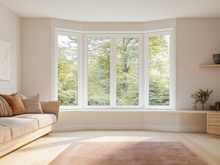 Cozy living room with bay windows overlooking green trees on a bright, sunny day