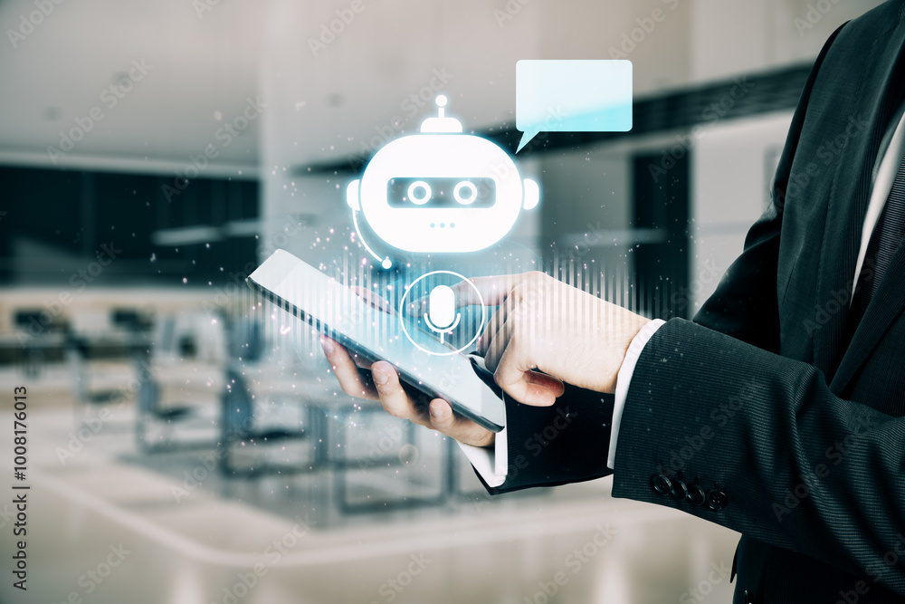 Poster close up of businessman hand using mobile phone with glowing robot head on blurry office interior ba