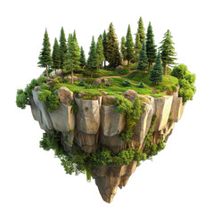 Floating Island Featuring Forest Grove, 3d Illustrated, Nature. Isolated on a Transparent Background. Cutout PNG.