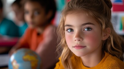 Fototapeta premium Young girl focused on learning in a classroom with peers engaged in various activities during the afternoon