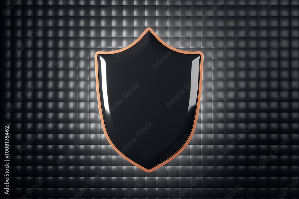 Poster Empty shiny black shield with mock up place on dark background. Protection, antivirus and safety concept. 3D Rendering.