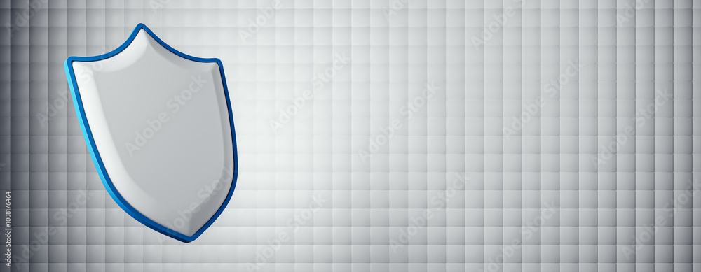 Poster empty white shield with mock up place on wide light background. protection, antivirus and safety con