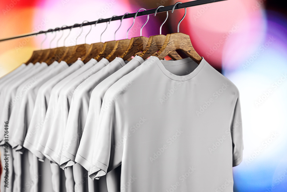 Poster row of empty white t-shirts hanging on rack on blurry bokeh background. mock up place. fashion and s