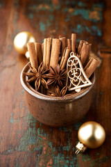 Christmas decoration on rustic wooden background. Close up.