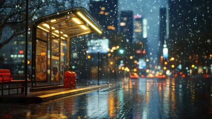 Modern public transport inside modern transparent shelter in rainy day,Typical Bus Stop that one can find all over city and suburbs. Contains with few seats to sit and wait in night time.
