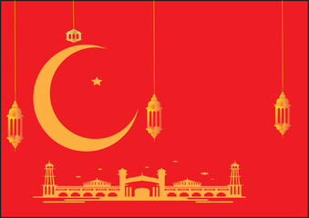 moon and mosque icons and Islamic lights with red rickshaw backgrounds