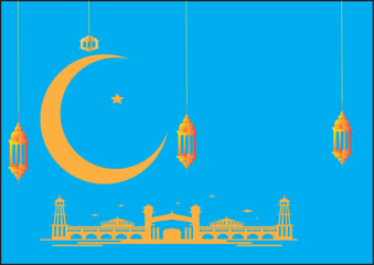 moon and mosque icons and Islamic lights with blue rickshaw backgrounds 