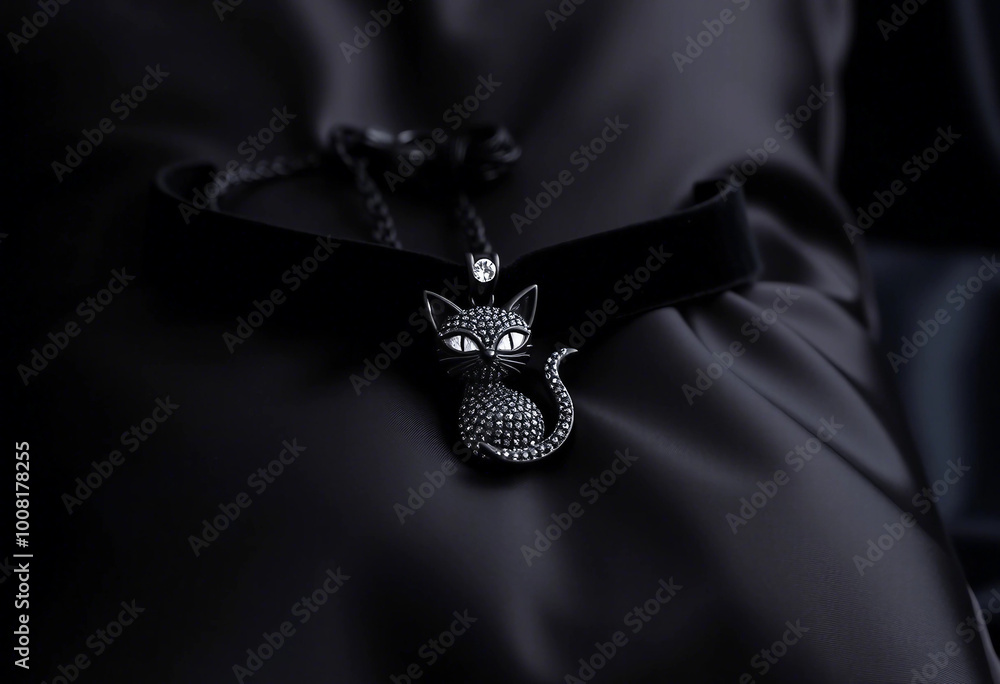 Wall mural a luxurious black cat pendant embellished with sparkling diamonds, elegantly set on a smooth black s