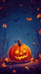 Spooky Cartoon Halloween Pumpkin Lantern in Moonlit Autumn Forest Scene