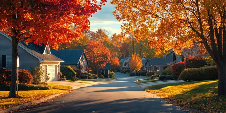 idyllic rural neighborhood with houses in the colorful autumn