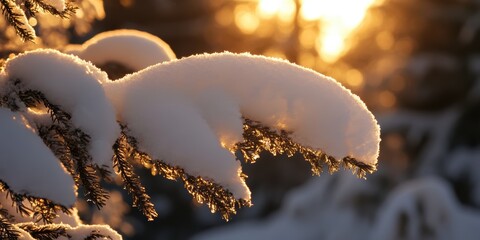 Golden sunset light on -covered pine branches