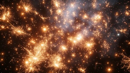 Abstract background of a starry night sky with bright orange and white stars.