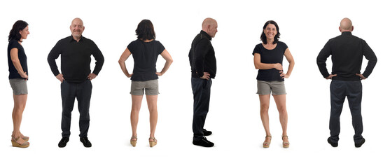various poses of the same man and the same woman standing with akimbo arms on white background