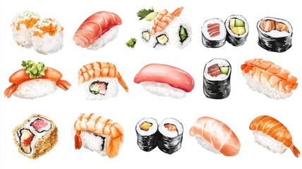 Set of Sushi Japanese food illustrations watercolor styles,Different kinds of sushi as rolls, maki, nigiri,salmon sushi on a stone Board,Japanese food collection,for menu japan concept.