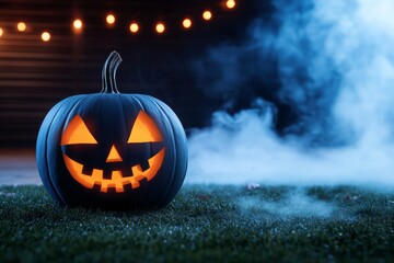 Naklejka premium Spooky Pumpkin in Foggy Yard for Halloween Celebration