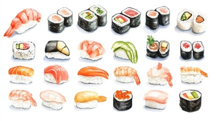 Set of Sushi Japanese food illustrations watercolor styles,Different kinds of sushi as rolls, maki, nigiri,salmon sushi on a stone Board,Japanese food collection,for menu japan concept.