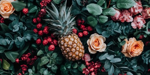 Fototapeta premium Tropical pineapple amidst vibrant floral backdrop