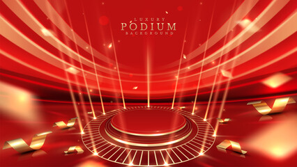 Golden podium decorated with ribbons, spotlights, and bokeh on a luxurious red background. Award ceremony scene. Vector illustration.