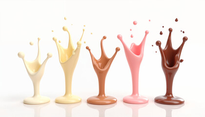 Fototapeta premium Dripping milk collection in different flavours vanilla, chocolate and strawberry