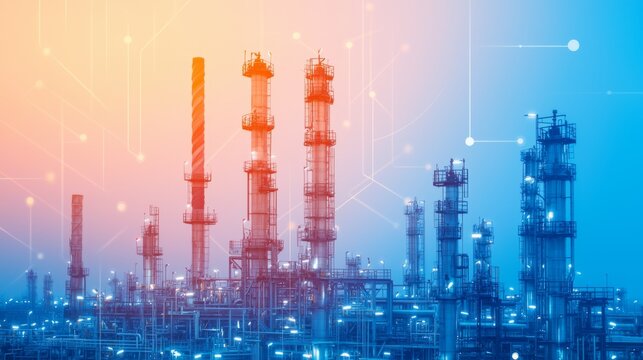 Aerial View of Refinery with Data Overlay Monitoring