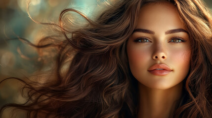 Fototapeta premium Beautiful girl with natural long dark blond flowing hair. Can be used for premium hair dye packaging or hair salon advertising. 