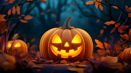 Glowing Pumpkin Jack o Lantern in Autumn Leaf Filled Forest at Night