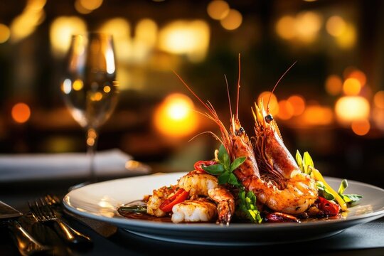 Elegant shrimp dish presented on a plate, garnished with fresh herbs in a romantic dining setting.