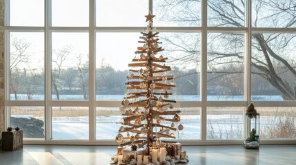 DIY Christmas tree crafted from repurposed items, positioned near large clear windows, with plenty of copy space for seasonal messages