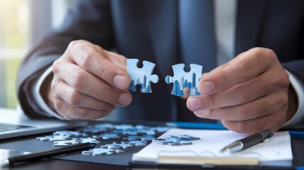 Problem Solving and Strategic Planning, Puzzle Pieces in Hands of Businessman, close up hand