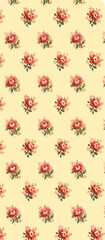  floral pattern of red roses on a light yellow background.