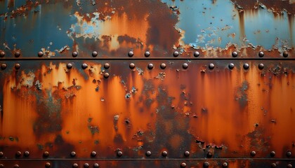 Fototapeta premium Weathered Steel Plate with Heavy Rust and Corrosion Marks in Shades of Orange, Brown, and Blue. Close-Up of an Aged Metal Surface with Oxidation and Textured Peeling for Industrial Decay Background