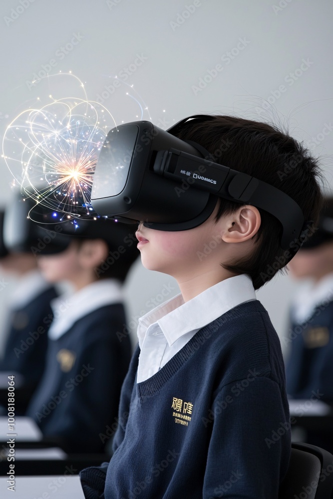 Poster students engaged in quantum physics lessons, using ar headsets to explore subatomic particles and qu