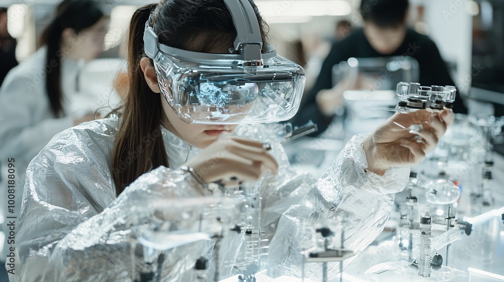 Poster a futuristic quantum-powered classroom where students explore advanced physics concepts through augm