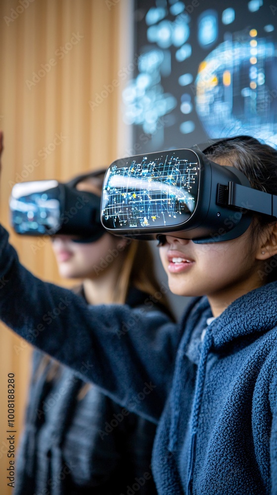 Poster quantum-powered learning environment with students interacting with augmented reality interfaces dis