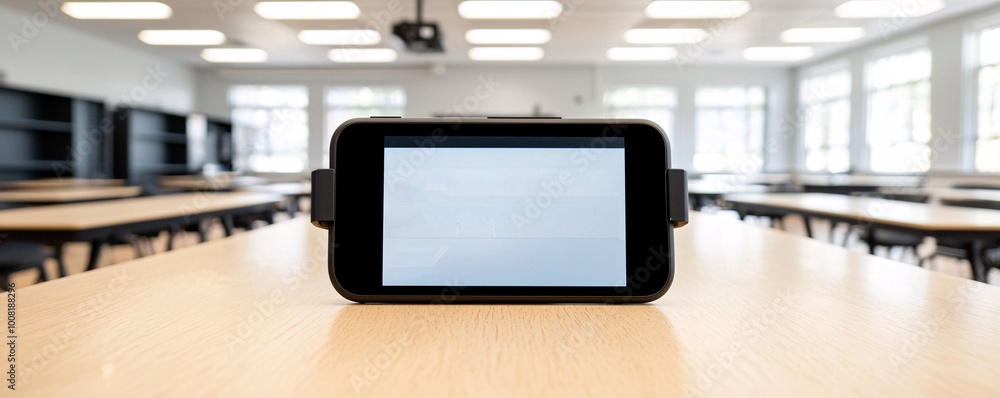 Poster a clean, modern classroom where students use augmented reality glasses to visualize quantum mechanic