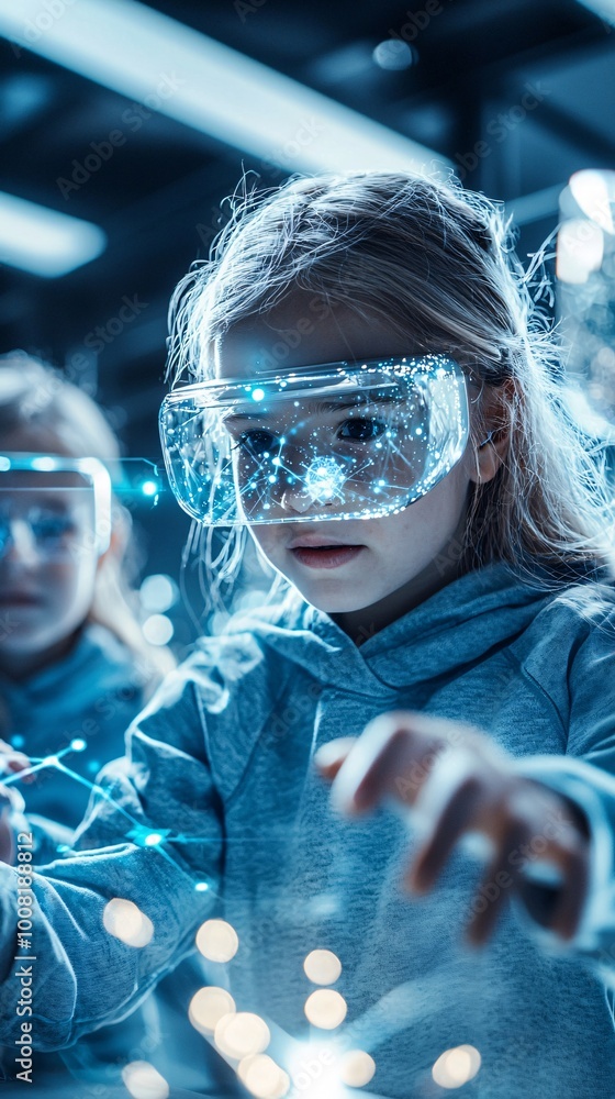 Aufkleber students in a sleek, modern classroom interacting with holographic quantum models through augmented 