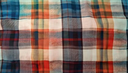 Vibrant Multicolored Plaid Textile with Intricate Weave Pattern Featuring Warm and Cool Hues in a Grid Like Structure, Creating a Bold and Balanced Tapestry of Reds, Blues, Greens, and Yellows