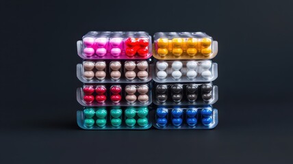Colorful capsules organized in transparent containers against a dark background, showcasing a variety of hues and textures.