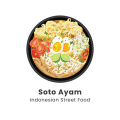 Hand drawn vector illustration of Soto Ayam or Chicken Soup. Traditional food from Indonesia