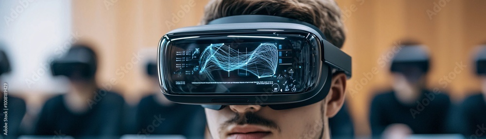 Poster a sleek classroom where students interact with quantum computing tools and holographic displays thro