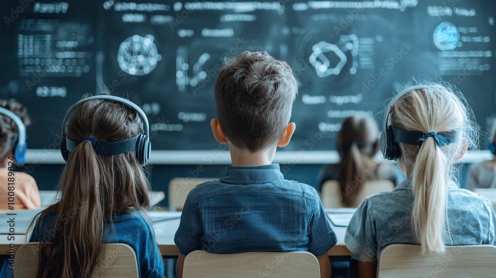 Poster quantum-powered learning experience in a futuristic classroom where students visualize quantum entan