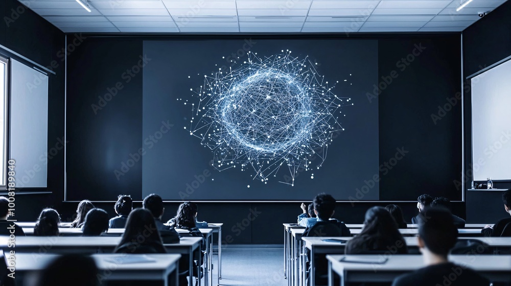 Poster quantum-powered learning experience in a futuristic classroom where students visualize quantum entan