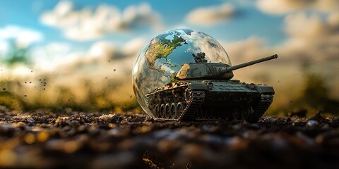 military tank toy on map - warfare and battle concept for world conquest by force